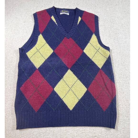 Brent Mens Size L Blue Yellow 100% Shetland Wool Argyle Knit Sweater Vest Preppy - Picture 1 of 5